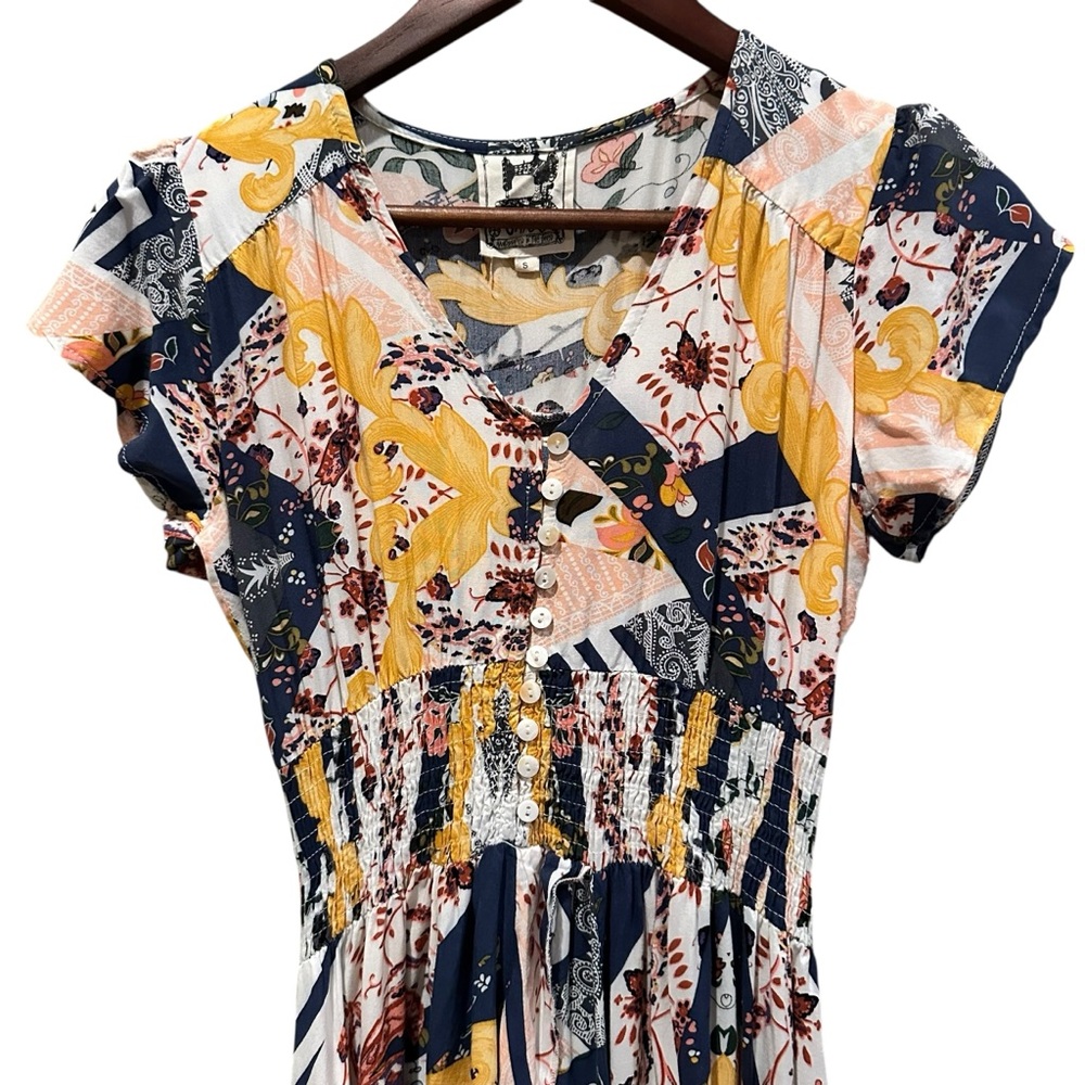 Jaase Floral Ruffle Maxi Dress Women’s Small Bohemian Flowy V Neck Short Sleeve - Picture 2 of 13